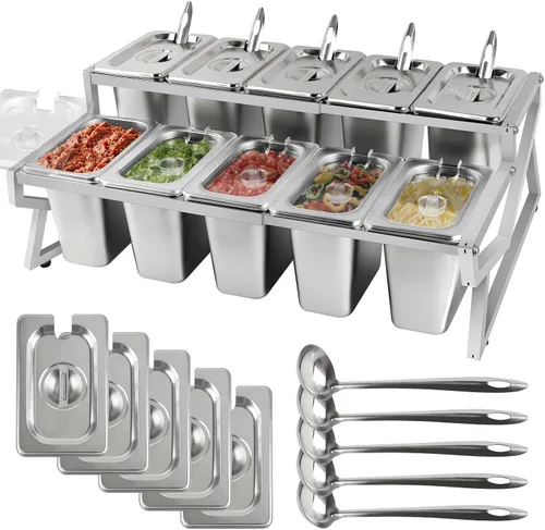 Kalolary Estación de Almacenamiento para 10 Bandejas de Pizza con 2 Filas de Recipientes Ajustables de Condimentos de Acero Inoxidable con Tapas,