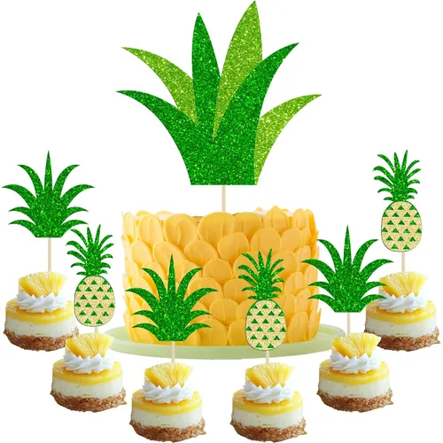 Miniatura 10 de Gyufise 1 pieza de decoración de pastel de feliz cumpleaños tropical hawaiano Luau pastel Pick Glitter Flamingo Flower Plam Leave Pineapple Cake
