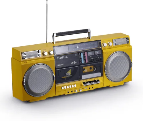 Aiwa Retro Boombox Reproductor de CD con grabación en casete, Bluetooth 5.0, radio FM/AM, entradas USB/SD/AUX, medidores VU, pantalla LCD, altavoces