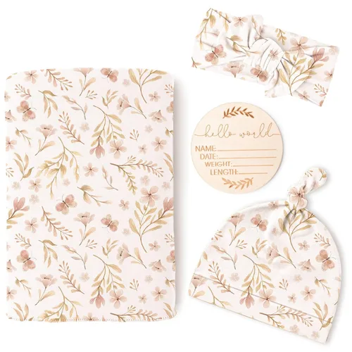 Miniatura 13 de Konssy Manta de Recién Nacida para Bebé Niña con juego de Banda para la Cabeza y Gorrito Set Manta Envolvente para Bebé para Guardería Crema