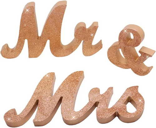 Señal de boda Mr & Mrs con letras decorativas, rústico elegante, purpurina de oro rosa, 12.52 x 7.09 pulgadas dorado rosa brillante