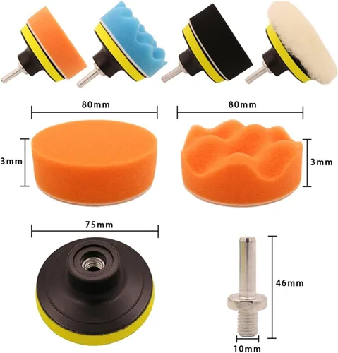 Miniatura 4 de 3 pulgadas 11 unids/set auto autoadhesivo pulir esponja cera rueda de lana disco de pulido almohadilla para pulidor automotriz taladro adaptador