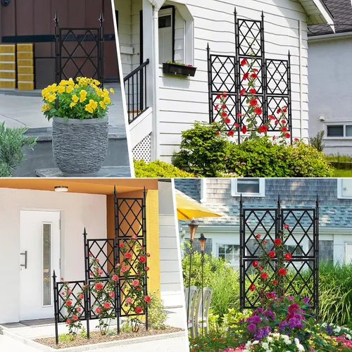 Miniatura 5 de Enrejado de jardín de 5.25 pies para plantas trepadoras al aire libre, valla de soporte de tubo de hierro negro, marco de escalada de celosía