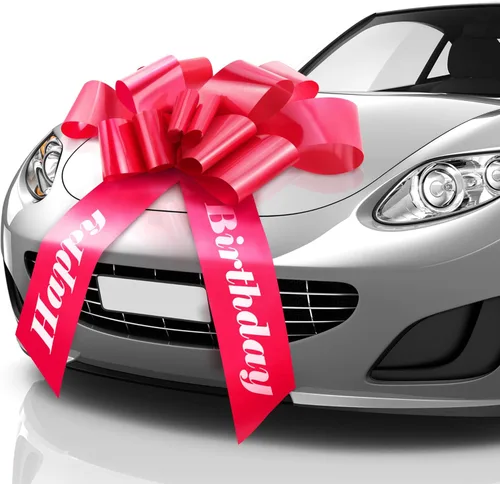 Zoe Deco - Lazo de feliz cumpleaños para el coche - Rojo, 30 pulgadas - Lazo gigante para coche preimpreso con feliz cumpleaños - Gran envoltorio de