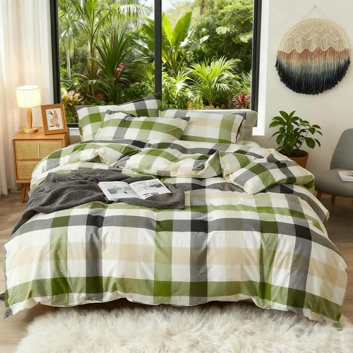 Miniatura 24 de DONEUS Juego de funda de edredón a cuadros 100% algodón lavado como lino súper suave y cómodo, juego de ropa de cama de 3 piezas a cuadros negros