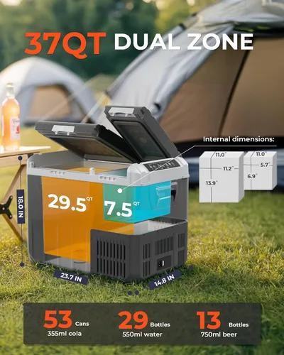 Miniatura 3 de EKOJUCE Refrigerador de coche de 12 voltios, enfriador eléctrico de 37 cuartos (35 litros), congelador portátil de doble zona con 12/24 V CC