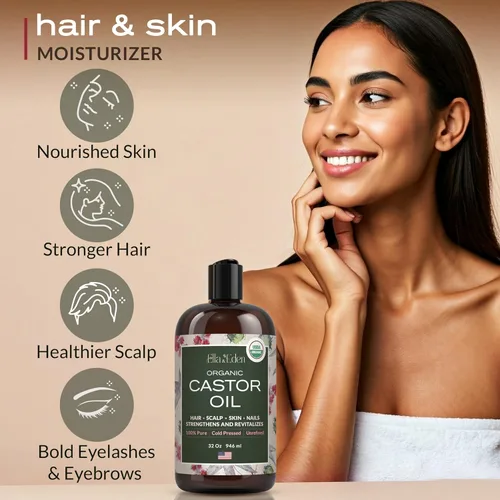 Miniatura 5 de Ella & Eden Aceite de Ricino Orgánico – Prensado en Frío Sin Hexano Sin Refinar - Para el Crecimiento del Cabello, Piel y Rostro - Certificado por