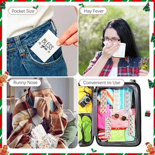 Miniatura 5 de Ctosree Paquete de 50 pañuelos de bolsillo de Navidad, paquetes de viaje de Feliz Navidad, 500 hojas, copos de nieve, pequeños pañuelos