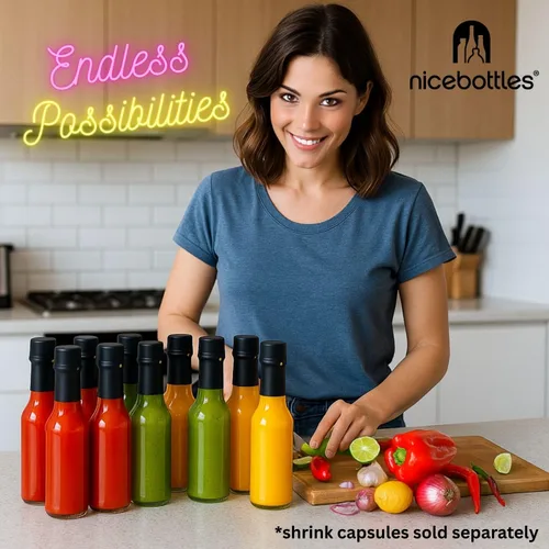 Miniatura 6 de nicebottles Botellas de salsa picante con tapas negras y bandas retráctiles, 5 onzas, paquete de 12 Gorras negras y bandas retráctiles