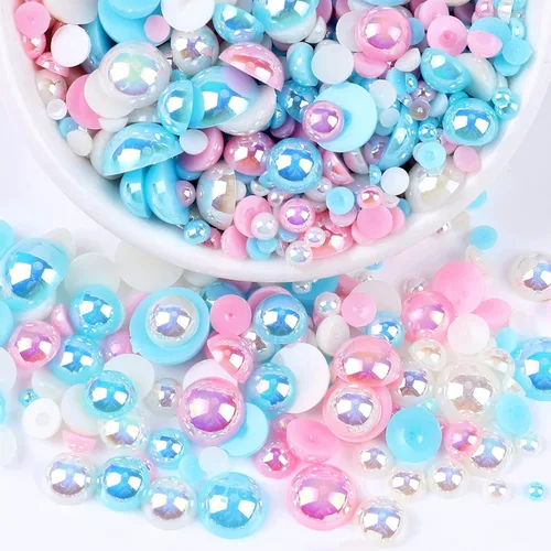 Perlas con parte trasera plana para manualidades, 50g Mezcla Azul Rosa Blanco Medias perlas para manualidades, Tamaño mixto 3/4/5/6/8/10mm Perlas