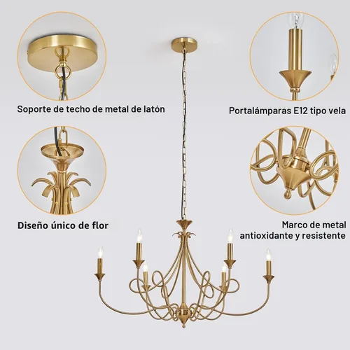 Miniatura 5 de Candelabro Moderno de 6 Luces 36.6" Candelabros de Vela de Latón Lámpara Colgante de Metal Dorado para Comedor, Sala de Estar, Isla de Cocina
