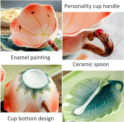 Miniatura 6 de WAYUTO Juego de taza de café y platillo de cerámica 3D con cuchara, hoja de flor, taza de café, taza de té con mango decorativo, tazas florales Rosa
