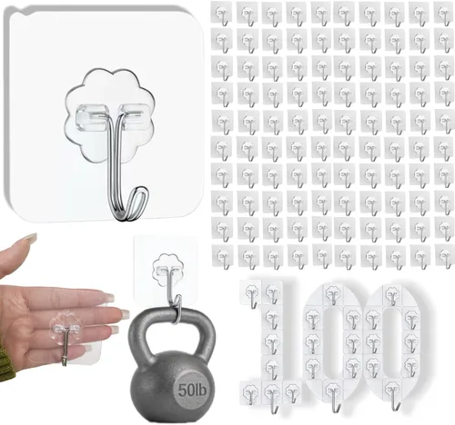 Miniatura 14 de DDMY Ganchos para colgar, paquete de 50 ganchos de pared de 50 libras (máx.), transparentes, reutilizables, impermeables, ganchos adhesivos