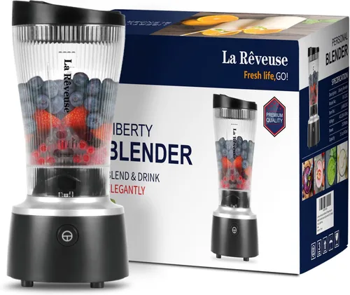 La Reveuse Licuadora de tamaño personal de 250 vatios de potencia para batidos, licuados, condimentos, salsas con taza portátil de 15 onzas, sin BPA