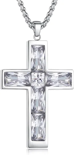 Miniatura 14 de Collar de cruz con piedra de nacimiento para hombre, collar de cruz de acero inoxidable 316L con colgante de cruz de circonia cúbica para mujer