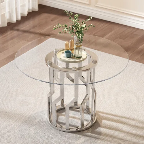 Miniatura 5 de 47.2" Round Glass Dining Table for 4-6, Round Glass Kitchen Table with Steel Legs, Modern Dining Table for Dining Room, Kitchen, Home, Cafe