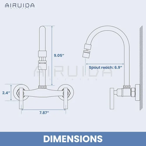 Miniatura 6 de Airuida Grifo de fregadero de cocina de montaje en pared, grifos de cocina de 8 pulgadas, asas dobles centrales de 360 grados, boquilla giratoria