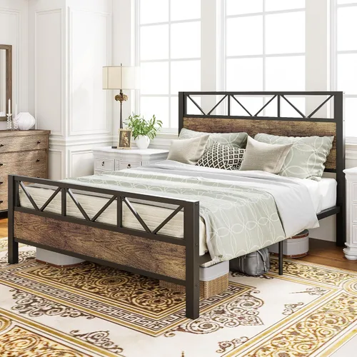 Miniatura 9 de LIKIMIO - Base de cama Queen, cabecero industrial alto de 51.2", con soporte metálico resistente, estructura de cama sólida y estable, libre