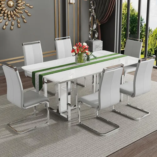 Miniatura 19 de Juego de mesa de comedor moderno de 67 pulgadas para 6, juego de mesa de cocina blanca, juego de mesa de comedor de lujo con mesa de mármol
