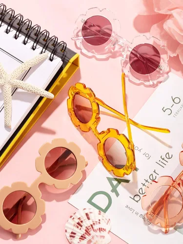 Miniatura 6 de 4 pares de lentes de sol redondos con forma de flor para niños, paquete de 4 bolsas de franela para bebés, niñas y niños, recuerdos de fiesta