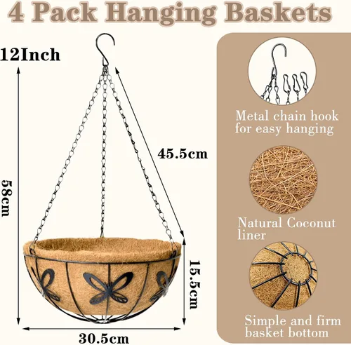 Miniatura 4 de EIMQUVW Macetas colgantes de metal para exteriores (paquete de 4, 12 pulgadas) cestas colgantes para plantas con cadena redonda de alambre