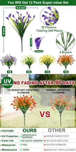 Miniatura 2 de TURNMEON 12 paquetes de flores artificiales de lirio de cala (240 cabezas), plantas falsas para exteriores, plantas falsas resistentes a los rayos