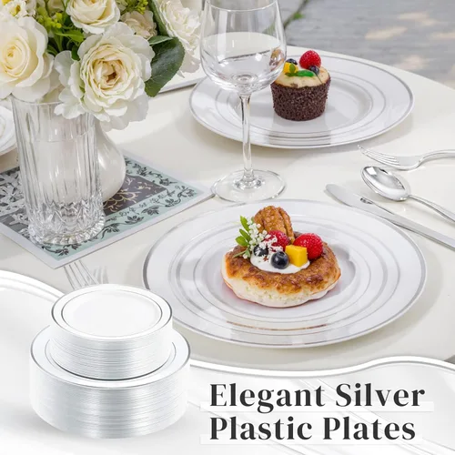 WDF 50 platos de plástico dorado con cubiertos desechables y vasos de plástico dorados, platos de plástico cuadrados, utensilios de plástico dorado