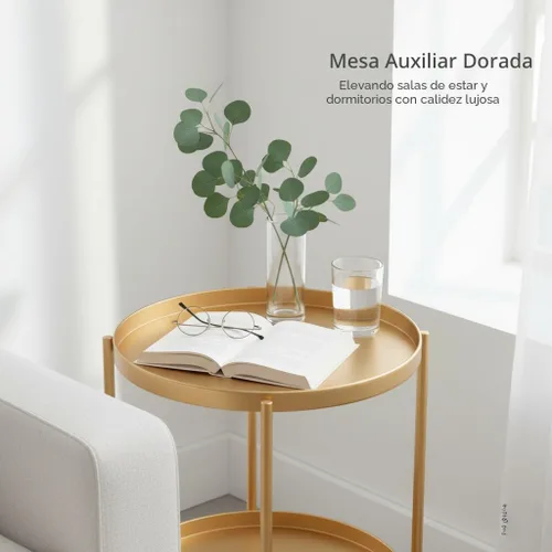 Miniatura 9 de TeoKJ Mesa auxiliar dorada de 2 niveles, mesa auxiliar redonda plegable de metal, mesita de noche pequeña con dos bandejas extraíbles