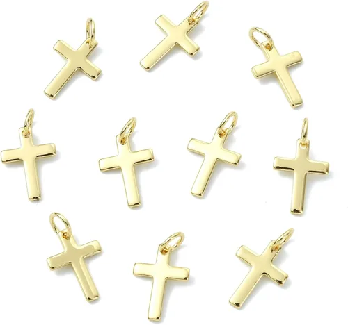 Airssory 10 dijes de cruz diminutas de 0.492 x 0.354 in, latón chapado en oro, de metal, delicados, minimalistas, simples colgantes para fe,