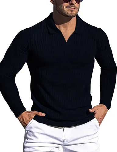 Gnvviwl Camisas tipo polo con cuello en V para hombre, ajustadas, de manga corta, de algodón, de punto acanalado, suaves