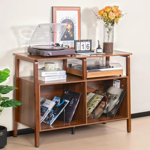 Miniatura 10 de Mxtxmy Soporte grande para tocadiscos, mesa giratoria de mediados de siglo con almacenamiento abierto con capacidad para hasta 450 álbumes, estante