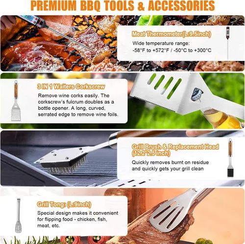 Miniatura 4 de Cifaisi Juego de accesorios para parrilla de barbacoa, 38 piezas de herramientas de parrilla de acero inoxidable con funda de aluminio, termómetro