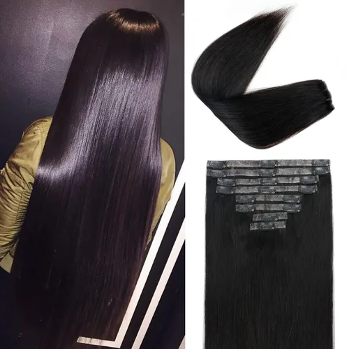 Miniatura 27 de Extensiones de cabello humano real con clip, 8 unidades, cabello humano Remy liso de seda suave natural, 4.23 oz, 20 pulgadas, negro natural #1B, 8