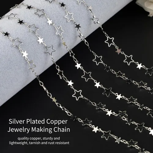 Miniatura 6 de YOUBEIYEE Cadena de 16.4 pies / 16.4 ft para hacer joyas, cadena de eslabones huecos de latón chapado en plata con forma de estrella hueca, collar