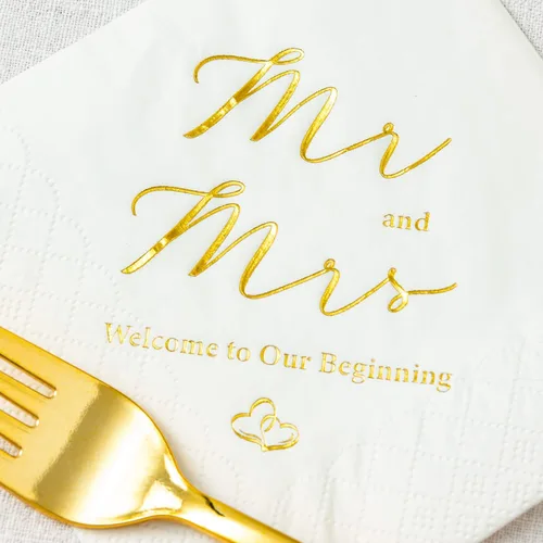 Miniatura 5 de Crisky Servilletas de 3 capas de papel de aluminio dorado Mr and Mrs de cóctel de boda, 100 unidades para bodas, fiestas, recepciones, postres
