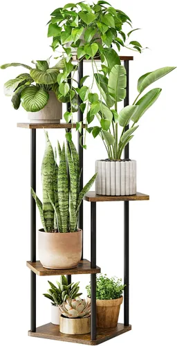 Miniatura 17 de GENTINGBRO Soporte alto para plantas de interior de 4 niveles para múltiples plantas, soporte de madera para plantas, estante de madera, estantería