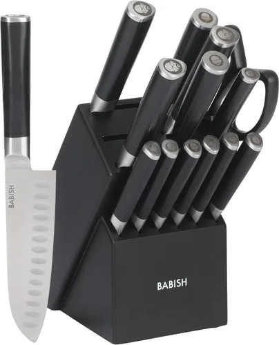 Babish - Juego de cubertería de acero alemán de alto carbono 1.4116, 15 piezas, forjado de espiga completa, con bloque de cocina - Negro Hoja
