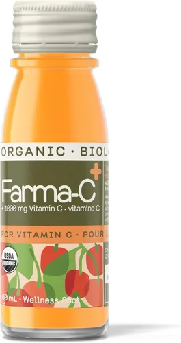 Jugo de invernadero orgánico Farma-C+ Wellness Shots Vitamina C Inmune Shot prensado en frío con naranja, cereza de acerola, bayas de espino