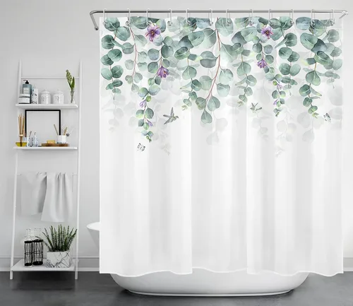 Miniatura 10 de LB Cortina de ducha de hojas verdes azules para baño, hojas botánicas de primavera con flores moradas sobre fondo blanco, acuarela, tela