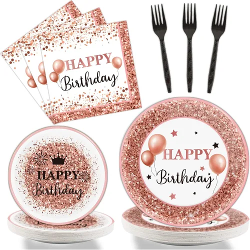 Miniatura 10 de 96 piezas de decoraciones de fiesta de feliz cumpleaños en negro, blanco y plateado, juego de vajilla de cumpleaños, confeti espolvoreado, platos