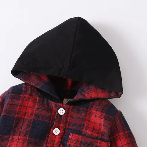 Miniatura 5 de VOLUOVO Conjunto de sudadera con capucha y bolsillo a cuadros para bebés y niños pequeños