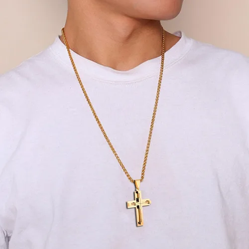 Miniatura 3 de YL Collar de cruz para hombre de acero inoxidable 316L, colgante grande de Jesucristo blancodoradonegro, cadena Rolo de joyería para 20 pulgadas, 22