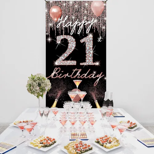 Miniatura 3 de Decoración de cumpleaños número 21 – Cartel de puerta de oro rosa, letrero de patio de fiesta y accesorios para cabina de fotos, tela, resistente