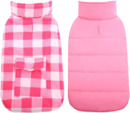 Miniatura 8 de Kuoser - Abrigo de invierno para perros, chaqueta de forro polar resistente al viento, estilo británico a cuadros, chaleco para climas fríos, Rosa