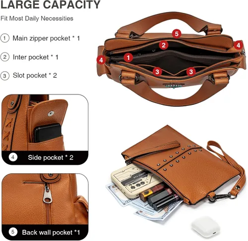 Miniatura 6 de Bolso de mano para mujer grande, bolso western, damas con asa superior, bolsos de hombro vintage con conchas grabadas y tachuelas