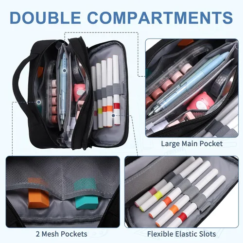 Miniatura 3 de VASCHY Estuche para lápices, organizador grande con cremalleras y asa superior, suministros escolares para niños, adolescentes, estudiantes