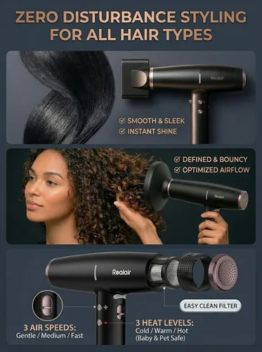 Miniatura 6 de Secador de pelo iónico profesional Realair® con difusor • Secador de iones negativos • Adecuado para todo tipo de cabello • Control inteligente