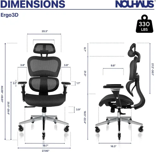 Miniatura 2 de Nouhaus Ergo3D - Silla ergonómica de oficina con soporte lumbar de malla con reposabrazos ajustable 4D, reposacabezas y ruedas ajustables, respaldo