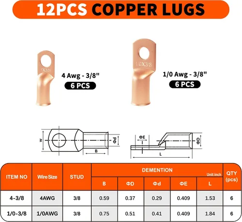 Miniatura 5 de Sanuke Kit de herramientas de crimpado de cables de batería con cortador de cables, engarzadora de alambre de cobre para AWG 8-1/0, 12 terminales