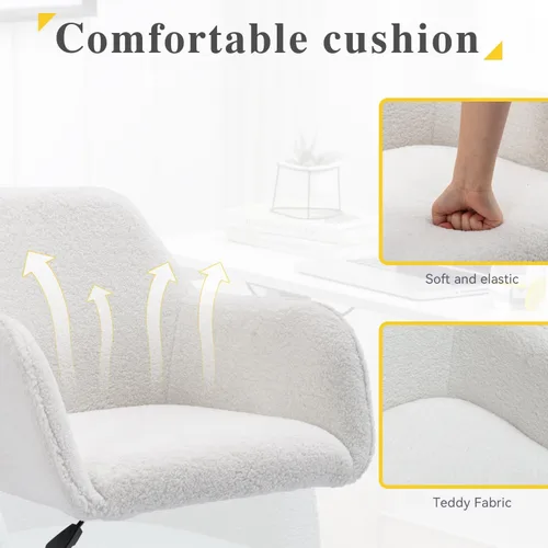 Miniatura 6 de Silla de oficina en casa de tela de peluche, bonita silla giratoria de escritorio con ruedas, moderna silla de tocador ajustable con base dorada
